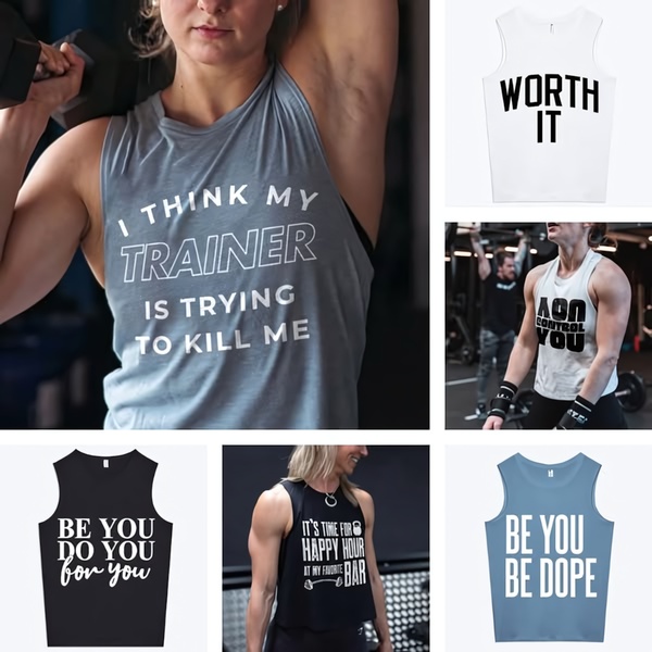 A collage-style display of various slogan tank tops featuring witty fitness-themed text, designed to showcase personality and brand voice.